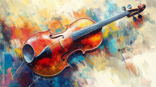  In a colorful background, a violin is elegantly placed with notes seemingly jumping in the air, forming an artistic musical painting.