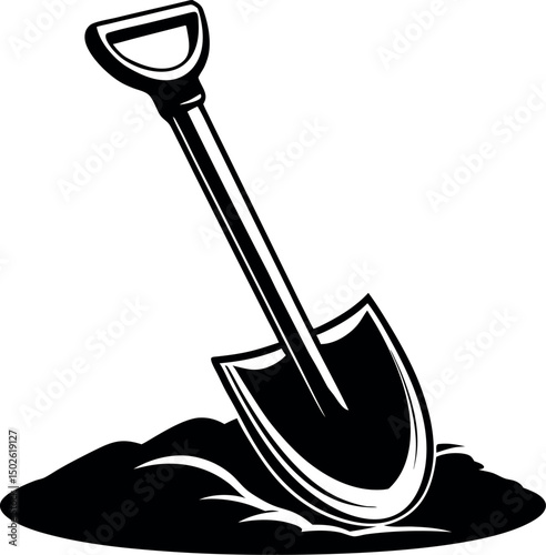 Monochrome illustration of a shovel digging into a pile of soil vector silhouette