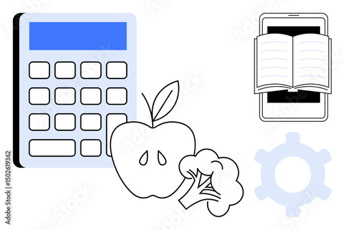 Calculator, apple, broccoli, smartphone with book, and gear emphasize nutrition, education, technology, and productivity. Ideal for health learning planning apps education innovation teamwork