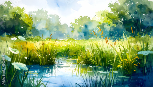 Watercolor Painting of a Serene Summer Landscape