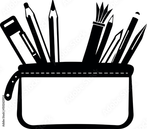 Stylized pencil case filled with writing and drawing implements in black and white vector silhouette