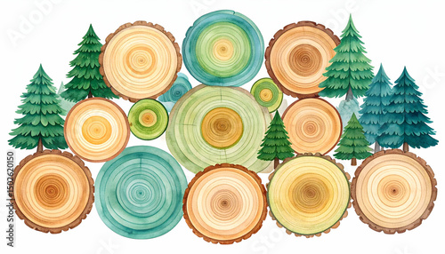 Watercolor Painting of Tree Rings and Pine Trees