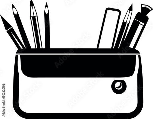 Black and white illustration of a pencil case or pen holder vector silhouette