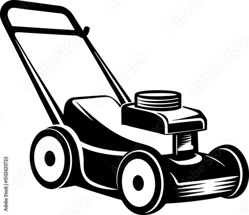 Vintage Black and White Illustration of a Lawn Mower for Yard Work vector silhouette