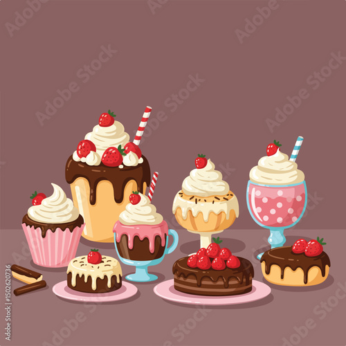 A cute illustration features an assortment of desserts including cakes, cupcakes, and drinks decorated with strawberries, chocolate, and whipped cream.