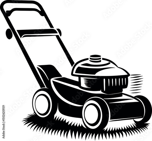 Classic black and white vector illustration of a lawn mower cutting grass vector silhouette