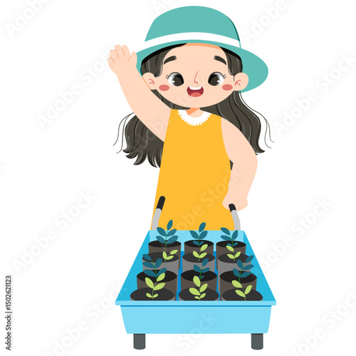 Adorable asian girl is pushing garden cart with seedling inside in a summer.eps