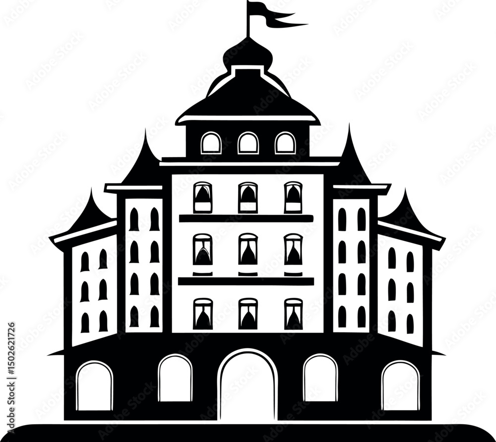 Fototapeta premium Monochrome majestic structure with flag, arches, windows, and distinct tower design vector silhouette