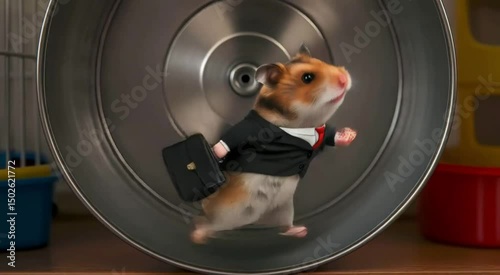Business Hamster in Suit Running on Wheel – Corporate Rat Race Concept of Work Stress and Burnout