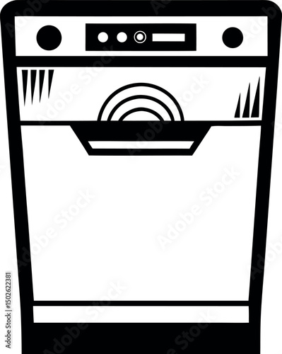 Black and white stylized image of a modern dishwasher appliance design vector silhouette
