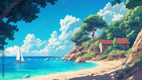 A tranquil beach with small houses and sailboats, blue sky and white clouds create a beautiful seaside landscape.