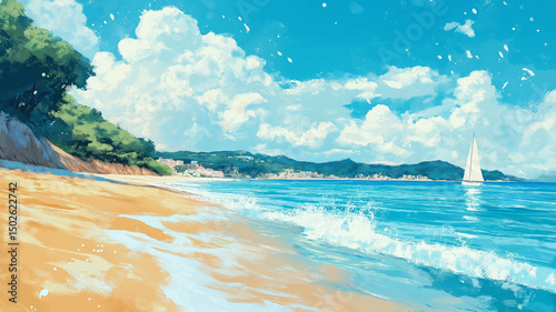  On a sunny beach, with lush green trees and distant sailboats, blue sky and white clouds create a tranquil and beautiful seaside painting.