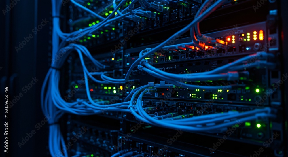 Complex Network Infrastructure Data Center Server Room with Extensive Cabling Complex Network Infrastructure Data Center Server Room with Extensive Cabling