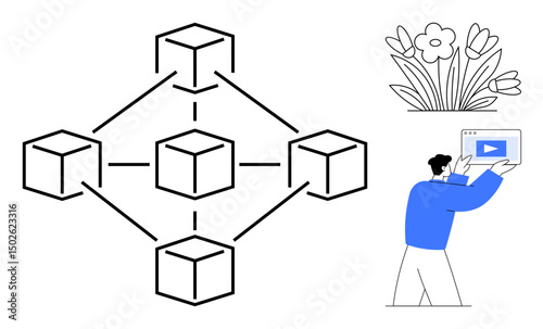 Abstract network of interconnected cubes, man holding a video player, and a floral design. Ideal for blockchain, digital connectivity, education, creativity, nature, teamwork and a simple landing