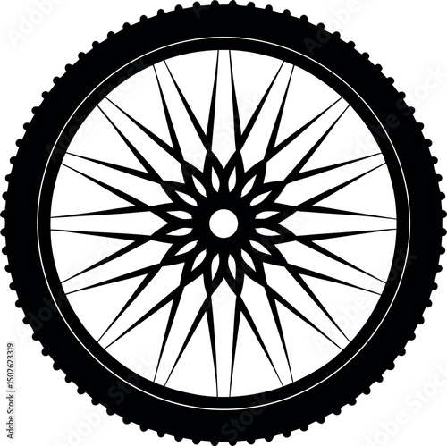 Black and White Bicycle Wheel with Intricate Spoke Design Depicted Artistically vector silhouette