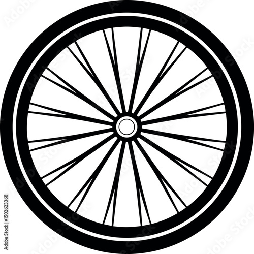 Black and White Bicycle Wheel Vector Graphic with Spokes Radiating from Hub vector silhouette