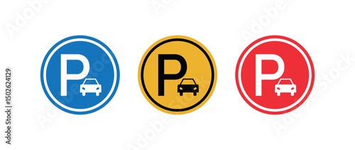 Circular Parking Symbol with Car Icon, Round P Signage Indicator, Vehicle Parking Area Marker, Transit Navigation UI Element, Urban Parking Lot Locator, Roadway Directional Vector Graphic
