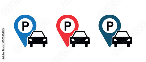 Parking Pin Icon with Car Symbol, Map Marker P Sign, Vehicle Parking Spot Illustration, Roadway Navigation UI,UX Graphic, Transit Map Vector, Urban Transport Location Marker Design