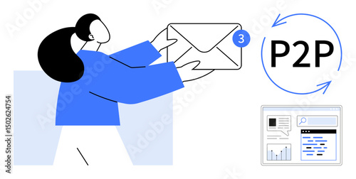 Person with envelope and notification, P2P concept with circular arrows, and data dashboard. Ideal for email delivery, messaging, notifications, peer exchange, communication, teamwork simple landing