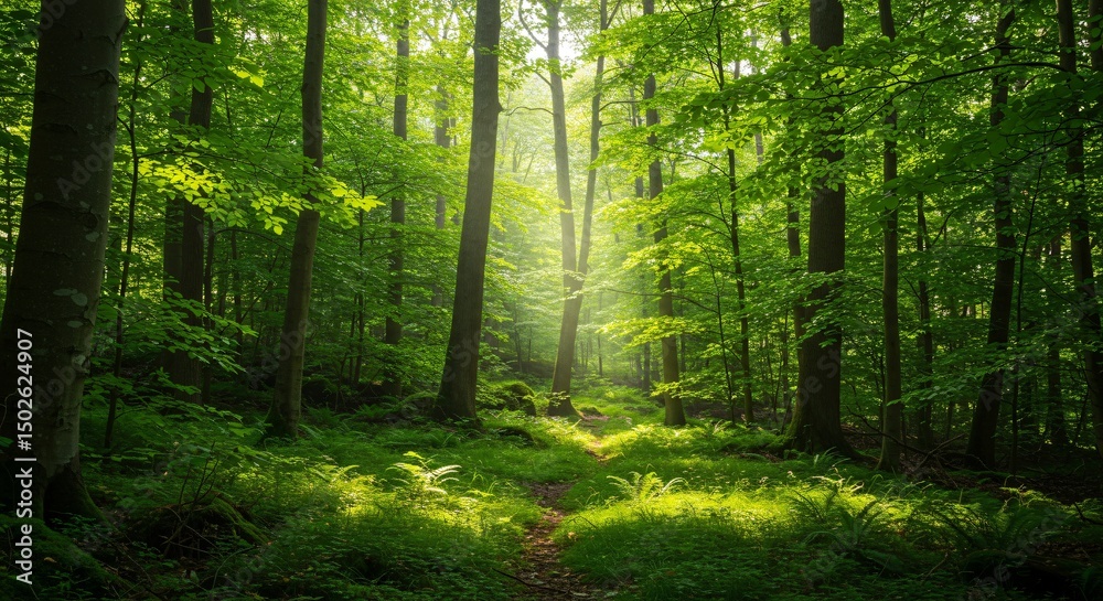 Obraz premium Sunlit Path Through Lush Green Forest Serene Nature Photography