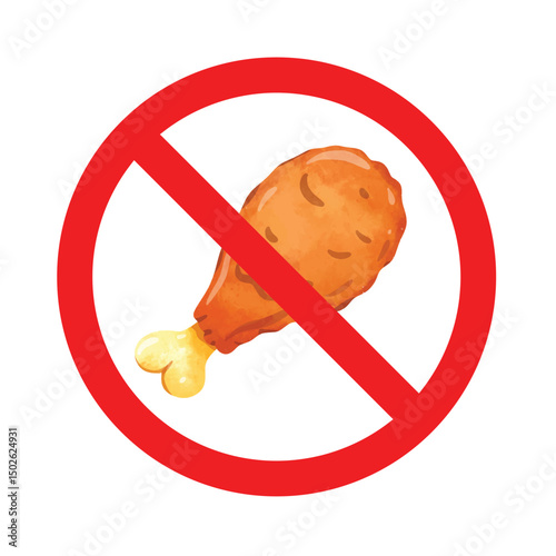Forbidden sign with chicken leg icon, no fried chicken allowed sign, chicken drumstick prohibition symbol, do not eat chicken meat sign