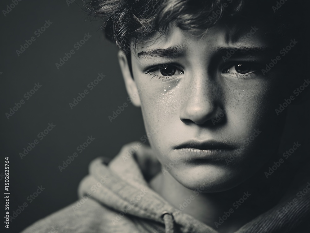 Obraz premium Emotion-filled portrait of a teenage boy with teary eyes studio photography dark environment close-up viewpoint