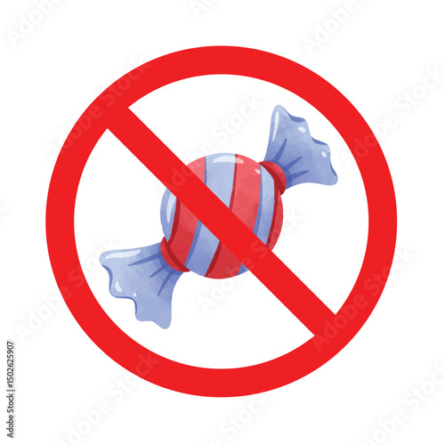 Forbidden sign with sweets candy icon, no sweet food allowed sign, candy prohibition symbol, do not eat candy sign