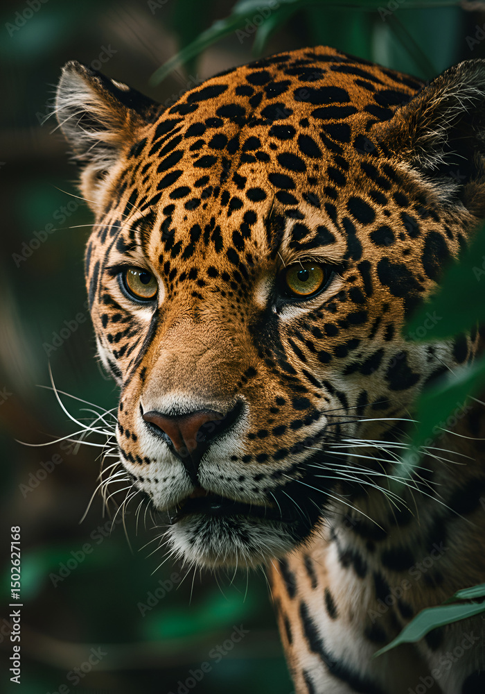 Obraz premium Close-up of a jaguar's head in a jungle setting