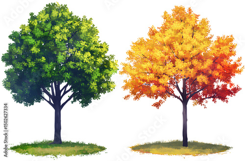 3 trees in different seasons a green tree a tree with yellow and orange leaves and a red autumn tree all with a transparent background.