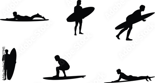 Silhouettes of surfers performing various actions on surfboards