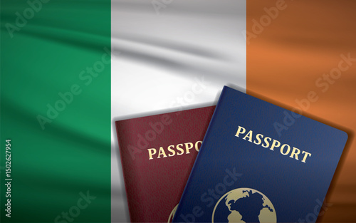 Ireland Passports with Flag of Ireland Background	