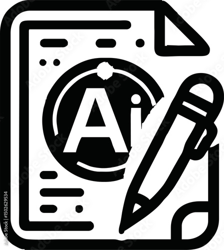 Flat icon of a document with a  AI logo and digital pen, minimal vector style, clean and modern, white background