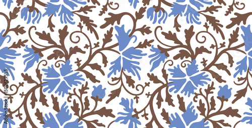 Floral elegant vintage seamless pattern for surface design with blue flowers and fancy branches and leaves.