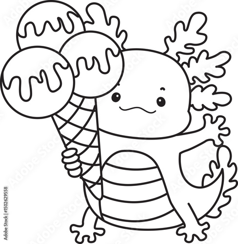 Outline of Illustration of cute axolotl activities icon.
Lineart of Funny pink axolotl in daily routine stickers.
