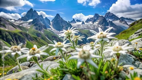 Very rare edelweiss mountain flower. Isolated rare and protected wild flower edelweiss flower (Leontopodium alpinum) growing in natural environment high up in the mountains