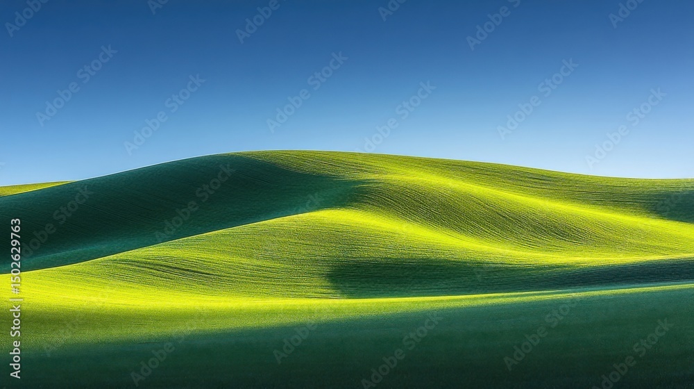 Obraz premium Green Undulating Hills under a Clear Blue Sky in a Serene Minimalist Style