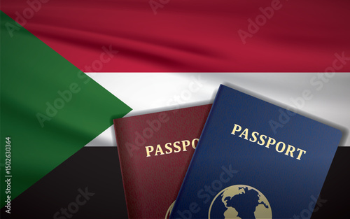 Sudan Passports with Flag of Sudan Background	