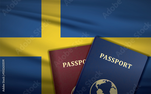 Sweden Passports with Flag of Sweden Background	