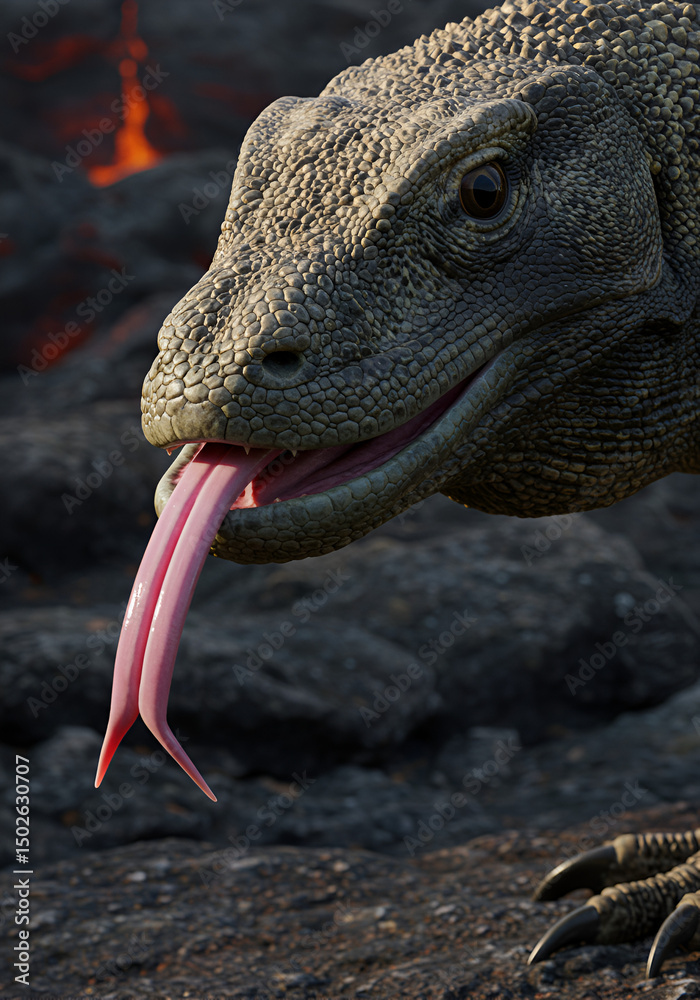 Obraz premium Close-up of Komodo dragon's head, tongue extended
