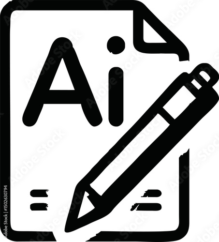 Flat icon of a document with a  AI logo and digital pen, minimal vector style, clean and modern, white background