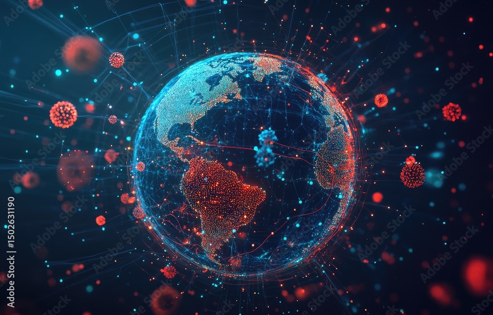 Obraz premium Digital Earth, networked with virus-like particles