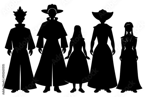 Silhouettes of People in Traditional and Modern Urban Clothing