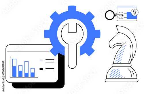 Wrench inside gear surrounded by bar chart, chess knight, and badge representing analytics, solutions, strategy, and certification. Ideal for business, planning, management problem-solving