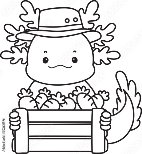 Outline of Illustration of cute axolotl activities icon.
Lineart of Funny pink axolotl in daily routine stickers.
