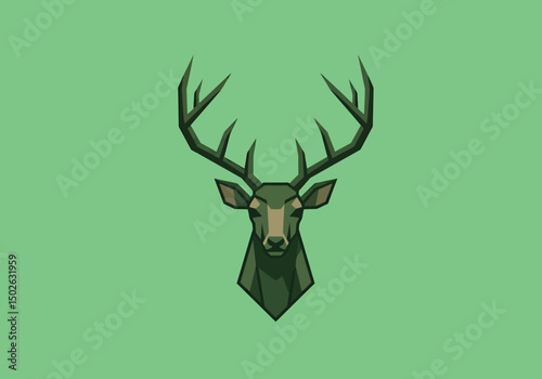Geometric deer head logo in flat vector style, symmetrical antlers, forest green and tan colours.