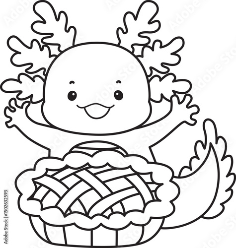 Outline of Illustration of cute axolotl activities icon.
Lineart of Funny pink axolotl in daily routine stickers.
