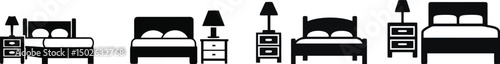 Vector silhouette of a bed and nightstand set on a plain white background

