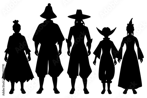 Silhouettes of People in Traditional and Modern Urban Clothing