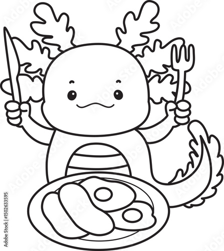 Outline of Illustration of cute axolotl activities icon.
Lineart of Funny pink axolotl in daily routine stickers.
