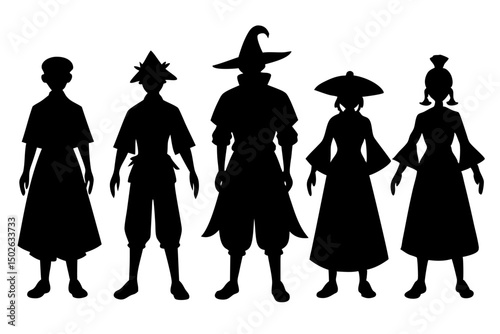 Silhouettes of People in Traditional and Modern Urban Clothing